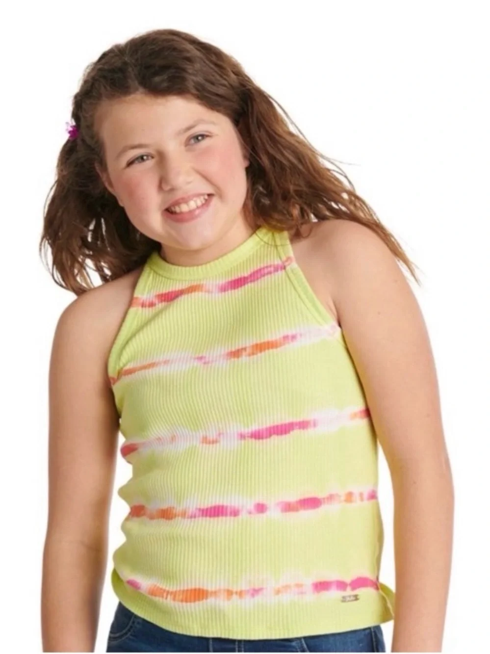 Justice Neon Lime Ribbed Tank with Pink and Orange Stripes